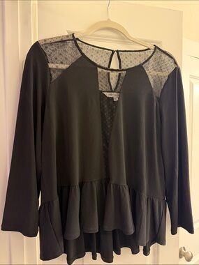 BCBG Women's Black Lace Yoke Peplum Blouse